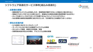 Fixstars Corporation www.fixstars.com
Copyright © Fixstars Corporation
ソフトウェア高速化サービス事例(組込み高速化)
• お客様の課題
• 画像処理アルゴリズムは完成したが、実機性能が確認できないと商品化に踏み切れない
• 実機のプロセッサがコロコロ変わるので、実機向けの高速な実装を毎度準備するのが辛い
• 少しでも低スペックのプロセッサで処理できるようにしてコストを下げたい
• R&D部署の成果を商品開発に結び付けたいが、引き継ぎなどの連携がうまくいかない
• 弊社の支援内容
• H/W選定に向けたコンサルティング
• ターゲットH/Wに向けたお客様アルゴリズムの移植
• ボトルネック調査、最適化方針提案、実施
• 目標性能未達の見込みの場合、アルゴリズム改善の提案
10
 