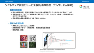 Fixstars Corporation www.fixstars.com
Copyright © Fixstars Corporation
ソフトウェア高速化サービス事例(画像処理・アルゴリズム開発)
https://www.cs.toronto.edu/~frossard/post/vgg16/
• お客様の課題
• 高度な画像処理、深層学習等のアルゴリズム開発を行える人材が社内に限られている
• 考案中のアルゴリズムで機能要件は満たせそうだが、ターゲット機器上で性能要件まで
クリアできるか不安
• 研究開発の成果が製品化にうまく結びつかない
• 弊社の支援内容
• 課題に応じたアルゴリズム調査
• 深層学習ネットワーク精度改善、推論高速化手法調査
• 論文調査、実装
11
 