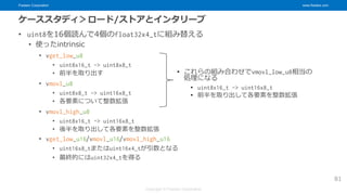 Fixstars Corporation www.fixstars.com
Copyright © Fixstars Corporation
ケーススタディ＞ロード/ストアとインタリーブ
• uint8を16個読んで4個のfloat32x4_tに組み替える
• 使ったintrinsic
• vget_low_u8
• uint8x16_t -> uint8x8_t
• 前半を取り出す
• vmovl_u8
• uint8x8_t -> uint16x8_t
• 各要素について整数拡張
• vmovl_high_u8
• uint8x16_t -> uint16x8_t
• 後半を取り出して各要素を整数拡張
• vget_low_u16/vmovl_u16/vmovl_high_u16
• uint16x8_tまたはuint16x4_tが引数となる
• 最終的にはuint32x4_tを得る
81
• これらの組み合わせでvmovl_low_u8相当の
処理になる
• uint8x16_t -> uint16x8_t
• 前半を取り出して各要素を整数拡張
 