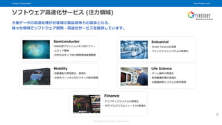 Fixstars Corporation www.fixstars.com
Copyright © Fixstars Corporation
ソフトウェア高速化サービス (注力領域)
大量データの高速処理がお客様の製品競争力の源泉となる、
様々な領域でソフトウェア開発・高速化サービスを提供しています。
・NAND型フラッシュメモリ向けファー
ムウェア開発
・次世代AIチップ向け開発環境基盤開発
Semiconductor
・デリバティブシステムの高速化
・HFT(アルゴリズムトレード)の高速化
Finance
・自動運転の高性能化、実用化
・次世代パーソナルモビリティの研究開発
Mobility
・ゲノム解析の高速化
・医用画像処理の高速化
・AI画像診断システムの研究開発
Life Science
・Smart Factory化支援
・マシンビジョンシステムの高速化
Industrial
9
 