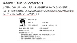 誰も教えてくれないペルソナのひみつ
よく⾒かけるペルソナシートは、「⾒た⼈が感情移⼊しやすくするための装飾」と
「ユーザーの本質的なニーズ」の2つから成ります。じつはこのうちプロダクトに必要な
のは「ユーザーの本質的なニーズ」だけです。
名前: ⽥中 優⼀
年齢: 36 性別: 男性
職業: 美容外科医（院⻑）
住所: 東京都港区 家族: 妻（32）息⼦（3）
価値観: 上昇志向
年収: 4,000万円
趣味: アトラス社のゲーム、猫
医院経営で困っていること:
• 予約電話がひっきりなしに鳴るので、スタッフが受付から離れられない。
• 予約の無断キャンセルが多く困っている。
• 会計に時間がかかりいつも待合室が混雑している。
3
 