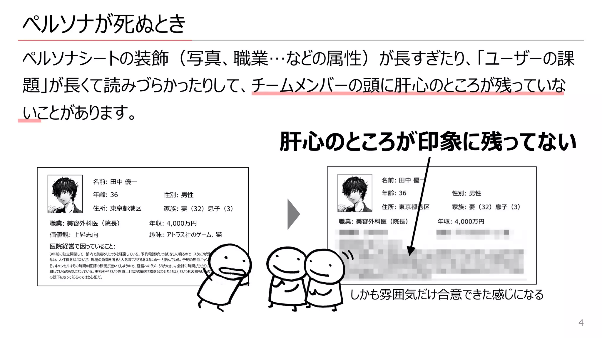ペルソナが死ぬとき
ペルソナシートの装飾（写真、職業…などの属性）が⻑すぎたり、「ユーザーの課
題」が⻑くて読みづらかったりして、チームメンバーの頭に肝⼼のところが残っていな
いことがあります。
名前: ⽥中 優⼀
年齢: 36 性別: 男性
職業: 美容外科医（院⻑）
住所: 東京都港区 家族: 妻（32）息⼦（3）
価値観: 上昇志向
年収: 4,000万円
趣味: アトラス社のゲーム、猫
医院経営で困っていること:
3年前に独⽴開業して、都内で美容クリニックを経営している。予約電話がひっきりなしに鳴るので、スタッフが受付から離れられ
ない。⼈件費を抑えたいが、現場の負荷を考ると⼈を増やさざるをえないか…と悩んでいる。予約の無断キャンセルが多く困ってい
る。キャンセルはその時間の医師の稼働が空いてしまうので、経営へのダメージが⼤きい。会計に時間がかかりいつも待合室が混
雑しているのも気になっている。美容外科という性質上「ほかの顧客と顔を合わせたくない」というお客様もいるので、顧客満⾜度
の低下になって知るのではと⼼配だ。
4
肝⼼のところが印象に残ってない
しかも雰囲気だけ合意できた感じになる
 