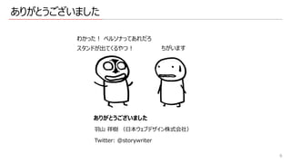 ありがとうございました
6
ありがとうございました
⽻⼭ 祥樹 （⽇本ウェブデザイン株式会社）
Twitter: @storywriter
わかった︕ ペルソナってあれだろ
スタンドが出てくるやつ︕ ちがいます
 