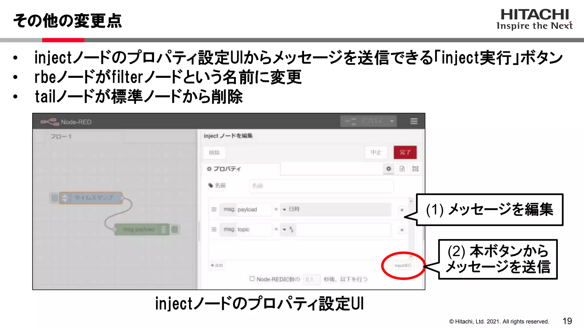 19
© Hitachi, Ltd. 2021. All rights reserved.
その他の変更点
(2) 本ボタンから
メッセージを送信
• injectノードのプロパティ設定UIからメッセージを送信できる「inject実行」ボタン
• rbeノードがfilterノードという名前に変更
• tailノードが標準ノードから削除
injectノードのプロパティ設定UI
(1) メッセージを編集
 
