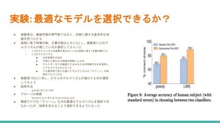 実験: 最適なモデルを選択できるか？
● 被験者は、機械学習の専門家ではなく、宗教に関する基本的な知
識を持つ人たち
● 説明に使う特徴の数、文書の数はともに6とし、被験者にどのア
ルゴリズムが適しているか選択してもらった
○ 2つのアルゴリズムの結果を見せることを6回繰り返す (文書の数だけ)
○ 2つのアルゴリズム
■ 元の特徴そのまま
■ 不要だと思われる特徴を排除したもの
■ テストデータでの精度だけをみると元の特徴そのまま使用し
たアルゴリズムがよかった
■ でも実世界で使える適したアルゴリズムは「クリーン」な後
者のアルゴリズム
● 被験者100人に対し、どちらのアルゴリズムが優れたものか選択
してもらう
● 説明手法
○ greedy または LIME
● グローバル解釈
○ Random pick または Submodular pick
● 精度だけでは「クリーン」な方の最適なアルゴリズムを選択でき
なかったが、説明を加えることで選択できるようになった
 