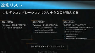 改修リスト
少しずつコレボレーションに入りそうなのが増えてる
少し紹介とデモできたらやってみる！
2021/8/18 Copyright © 2021 Takahiro Miyaura
2021/06/23
(Version : 2106.22005.0)
 リアルタイム音声翻訳機能（話者の近くに字幕で出てくる）
 コロケーションによる共同作業が可能になった
(書いてはいないけどなんか強化されてる？)
 なんかUIがかっこよくなった
 付箋紙機能が付いた
 視線選択が可能に（グッと難易度があがるw）
2021/05/17
(Version : 2105.13002.0)
 One Drive上のフォルダ内項目のサムネイル表示
 Azure Remote Renderingとの連携
 ローカル or One Driveからのファイルアップロード
2021/04/22
(Version : 2104.22007.0)
 イメージのインポートが可能になった
 