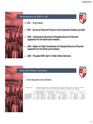 19/08/2021
2
2001 – Tang’s Report
 2011 – Survey on Payment Practice in the Construction Industry by DevB
 2015 – Consultation Document on Proposed Security of Payment
Legislation for the Construction Industry
 2016 – Report on Public Consultation on Proposed Security of Payment
Legislation for the Construction Industry
 2021 – Proposed SOPL Spirit in Public Works Contracts
Development of SOPL in HK
Oral and partly oral contracts
Oral and Written Contracts
 