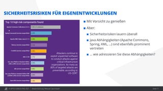 © OPITZ CONSULTING 2021 / Modernisierung: Webcast "Java heute"
SICHERHEITSRISIKEN FÜR EIGENENTWICKLUNGEN
 Mit Vorsicht zu genießen
 Aber:
 Sicherheitsrisiken lauern überall
 Java Abhängigkeiten (Apache Commons,
Spring, XML, …) sind ebenfalls prominent
vertreten
 … wie adressieren Sie diese Abhängigkeiten?
Seite 17
 