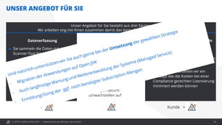 © OPITZ CONSULTING 2021 /
UNSER ANGEBOT FÜR SIE
Datenerfassung
 Sie sammeln die Daten mit dem
Scanner-Tool ihrer Wahl
 Wir beraten Sie bei der
zielgerichteten Erhebung der Daten
 Wir prüfen laufend die Qualität der
entstehenden Daten
Datenauswertung
 Wir werten die von Ihnen
gesammelten Daten aus
 Wir ermitteln die benötigten
Lizenzen um die Oracle JDKs zu
lizensieren
 Wir berechnen die daraus
resultierenden Kosten
 Wir zeigen Securit-
Schwachstellen auf
Handlungsstrategien entwickeln
 Gemeinsam prüfen wir, wie
identifizierte Security-
Schwachstellen geschlossen werden
können
 Gemeinsam erarbeiten wir ein
Konzept wie die Kosten bei einer
Compliance gerechten Lizensierung
minimiert werden können
Modernisierung: Webcast "Java heute" 38
Unser Angebot für Sie besteht aus drei Säulen.
Wir arbeiten eng mit Ihnen zusammen damit das beste Ergebnis erzielt werden kann!
Kunde + Kunde +
 