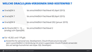 © OPITZ CONSULTING 2021 /
WELCHE ORACLE-JAVA-VERSIONEN SIND KOSTENFREI ?
Modernisierung: Webcast "Java heute" Seite 9
 OracleJDK 6 bis einschließlich Patchlevel 45 (April 2013)
 OracleJDK 7 bis einschließlich Patchlevel 80 (April 2015)
 OracleJDK 8 bis einschließlich Patchlevel 202 (Januar 2019)
 Ab Oracle JDK11, 12, … bis einschließlich Patchlevel 2
(analog zum OpenJDK)
 Für >8.202 und 11ff gilt:
 Kostenfrei für personal Use, Development, Cloud Infrastructure Use und
wenn ausschließlich in Verbindung mit einem supporteten Oracle-Produkt verwendet
(bis auf wenige Ausnahmen wie bspw. SQL Developer)
 