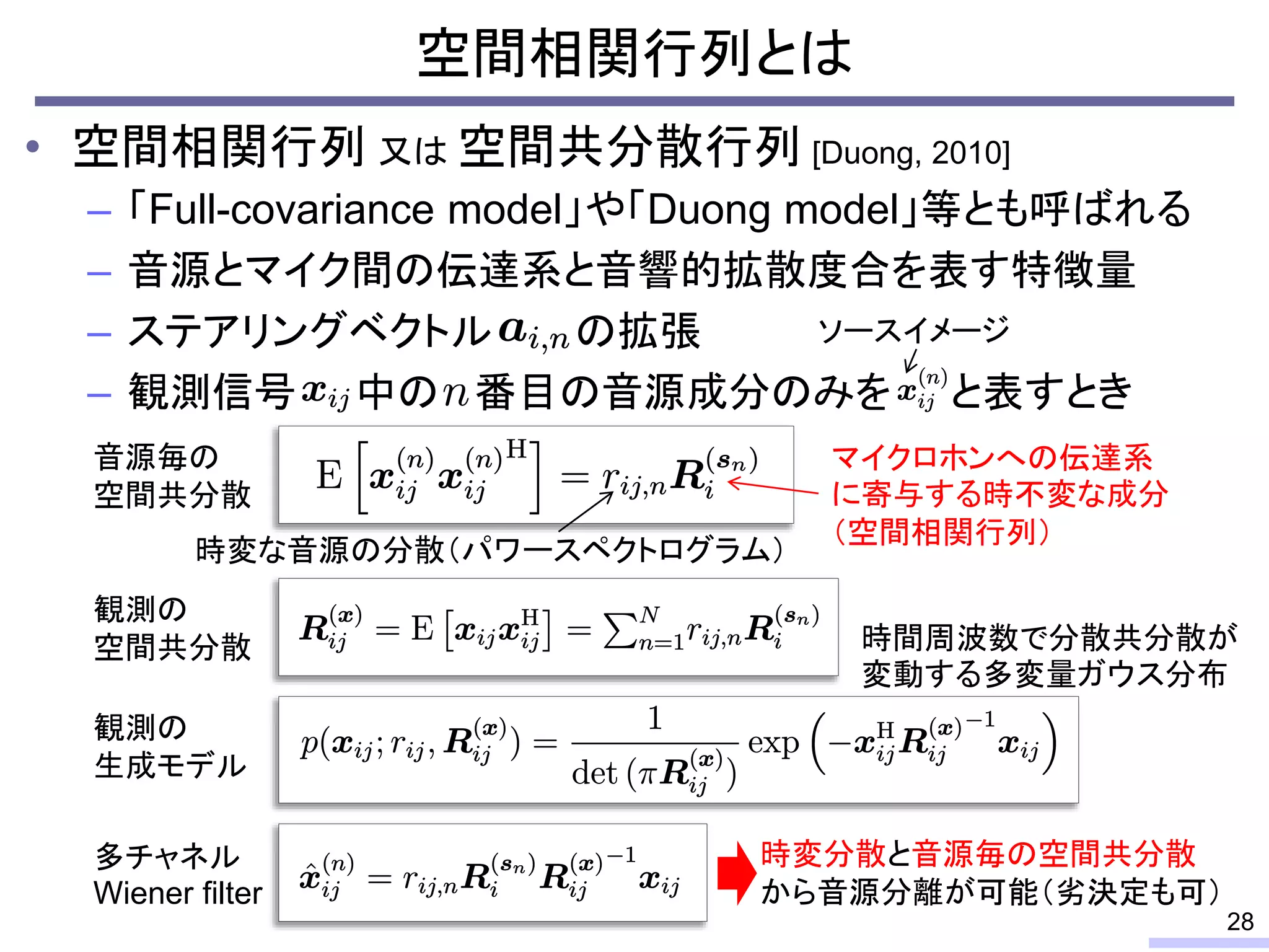 • 空間相関行列 又は 空間共分散行列 [Duong, 2010]
– 「Full-covariance model」や「Duong model」等とも呼ばれる
– 音源とマイク間の伝達系と音響的拡散度合を表す特徴量
– ステアリングベクトル の拡張
– 観測信号 中の 番目の音源成分のみを と表すとき
空間相関行列とは
28
ソースイメージ
時変な音源の分散（パワースペクトログラム）
マイクロホンへの伝達系
に寄与する時不変な成分
（空間相関行列）
音源毎の
空間共分散
観測の
空間共分散
観測の
生成モデル
多チャネル
Wiener filter
時変分散と音源毎の空間共分散
から音源分離が可能（劣決定も可）
時間周波数で分散共分散が
変動する多変量ガウス分布
 
