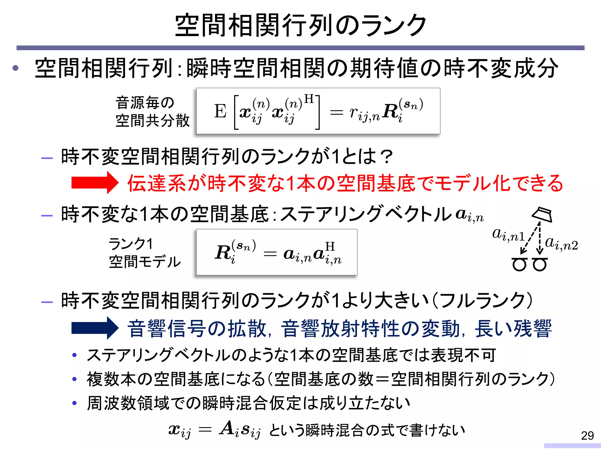 • 空間相関行列：瞬時空間相関の期待値の時不変成分
– 時不変空間相関行列のランクが1とは？
– 時不変な1本の空間基底：ステアリングベクトル
– 時不変空間相関行列のランクが1より大きい（フルランク）
• ステアリングベクトルのような1本の空間基底では表現不可
• 複数本の空間基底になる（空間基底の数＝空間相関行列のランク）
• 周波数領域での瞬時混合仮定は成り立たない
空間相関行列のランク
29
音源毎の
空間共分散
伝達系が時不変な1本の空間基底でモデル化できる
ランク1
空間モデル
音響信号の拡散，音響放射特性の変動，長い残響
という瞬時混合の式で書けない
 