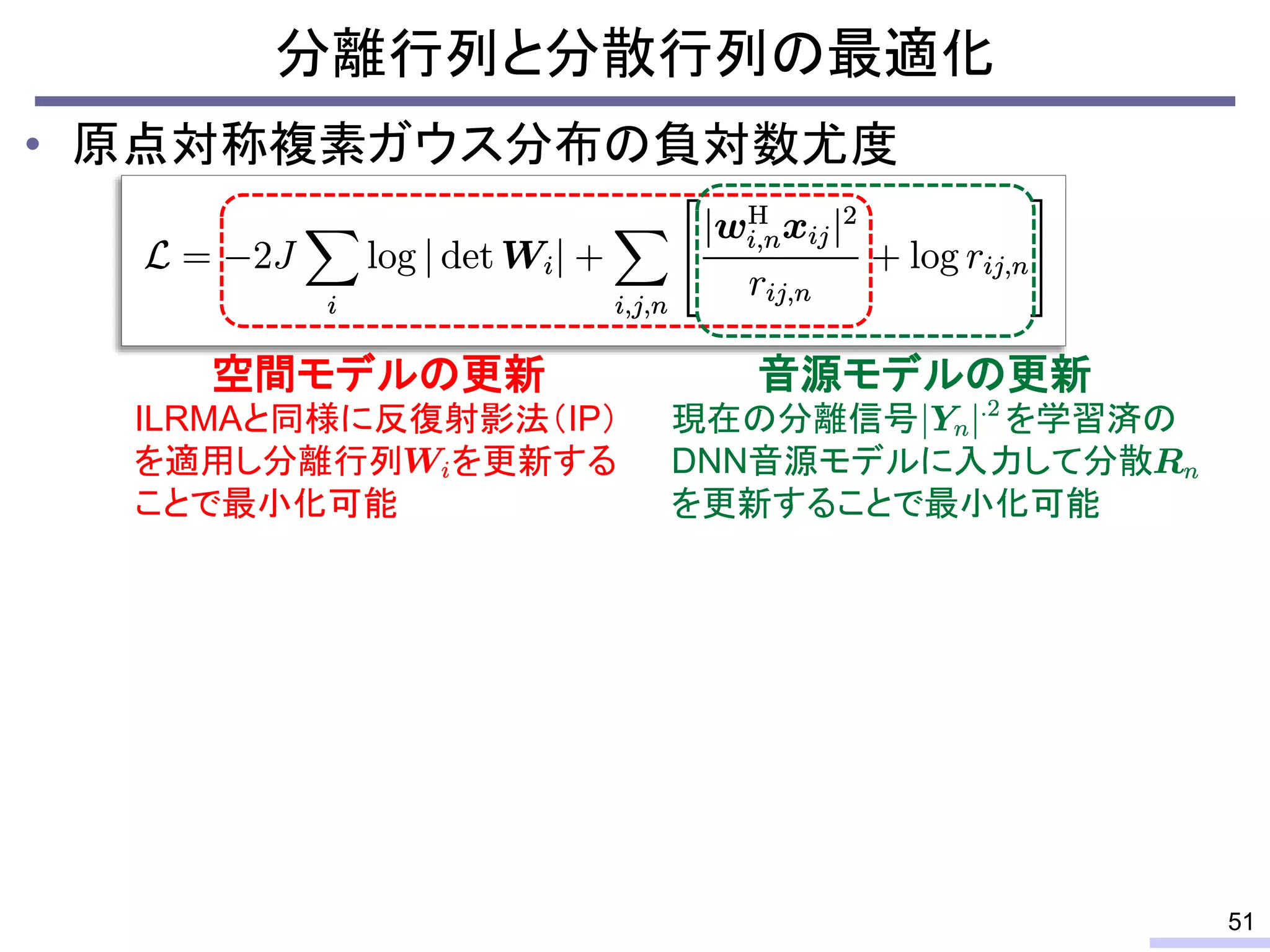 • 原点対称複素ガウス分布の負対数尤度
分離行列と分散行列の最適化
51
現在の分離信号 を学習済の
DNN音源モデルに入力して分散
を更新することで最小化可能
音源モデルの更新
ILRMAと同様に反復射影法（IP）
を適用し分離行列 を更新する
ことで最小化可能
空間モデルの更新
 