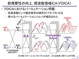 耐残響性の向上：周波数領域ICA（FDICA）
12
ICA
全て時間周波数
領域の信号
音源1
音源2
観測1
観測2
Permutation
Solver
分離信号1
分離信号2
Time
• FDICAにおけるパーミュテーション問題
– 各周波数ビンで推定信号の順序がバラバラになる
– 様々なパーミュテーションソルバが検討された
※分散（スケール）もバラバラになるが，これは容易に戻すことが可能
 