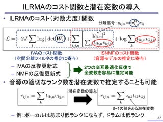 • ILRMAのコスト（対数尤度）関数
– IVAの反復更新式
– NMFの反復更新式
• 音源の適切なランク数を潜在変数で推定することも可能
– 例：ボーカルはあまり低ランクにならず，ドラムは低ランク
ILRMAのコスト関数と潜在変数の導入
37
分離信号：
ISNMFのコスト関数
（音源モデルの推定に寄与）
IVAのコスト関数
（空間分離フィルタの推定に寄与）
2つの交互最適化反復で
全変数を容易に推定可能
潜在変数の導入
0~1の値をとる潜在変数
 