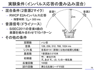 実験条件（インパルス応答の畳み込み混合）
• 混合条件（2音源2マイク）
– RWCP E2Aインパルス応答
• 残響時間: = 300 ms
• 音源信号（ドライソース）
– SiSEC2011の音楽4曲の
楽器を組み合わせで10パターン
• その他の条件
78
窓関数 ハン窓
窓長 128, 256, 512, 768, 1024 ms
シフト長 窓長の1/4 （原稿には他の結果も掲載）
基底数 1音源あたり10本
初期値
単位行列
及び (0, 1) の一様乱数
反復回数 100回
試行回数 異なる乱数シードで5回
2m
5.66cm
50
音源1 音源2
50
 