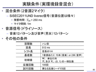 実験条件（実環境録音混合）
• 混合条件（2音源2マイク）
– SiSEC2011UND liverec信号（音源位置は様々）
• 残響時間： = 250 ms
• マイク間隔：1m
• 音源信号（ドライソース）
– 音楽12パターン及び音声（男女）12パターン
• その他の条件
80
窓関数 ハン窓
窓長 512 ms
シフト長 窓長の1/4
基底数 1音源あたり：10本（音楽） or 2本（音声）
初期値
単位行列
及び (0, 1) の一様乱数
反復回数 100回
試行回数 異なる乱数シードで5回
 