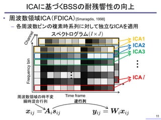 ICAに基づくBSSの耐残響性の向上
• 周波数領域ICA（FDICA）[Smaragdis, 1998]
– 各周波数ビンの複素時系列に対して独立なICAを適用
11
スペクトログラム
ICA1
ICA2
ICA3
…
…
ICA
Frequency
bin
Time frame
…
逆行列
周波数領域の時不変
瞬時混合行列
 