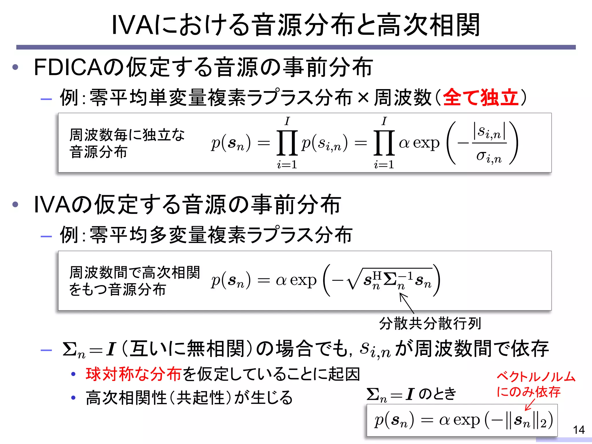 • FDICAの仮定する音源の事前分布
– 例：零平均単変量複素ラプラス分布×周波数（全て独立）
• IVAの仮定する音源の事前分布
– 例：零平均多変量複素ラプラス分布
– （互いに無相関）の場合でも， が周波数間で依存
• 球対称な分布を仮定していることに起因
• 高次相関性（共起性）が生じる
IVAにおける音源分布と高次相関
14
周波数毎に独立な
音源分布
周波数間で高次相関
をもつ音源分布
分散共分散行列
のとき
ベクトルノルム
にのみ依存
 