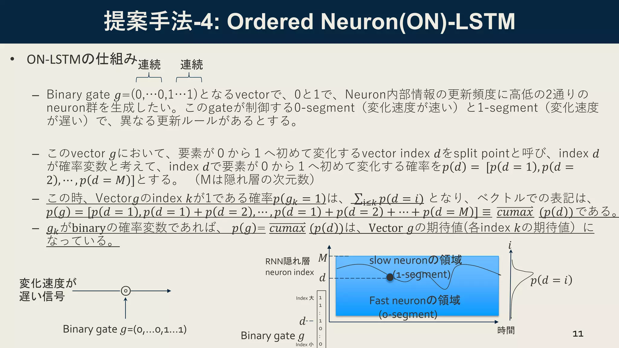 提案手法-4: Ordered Neuron(ON)-LSTM
• ON-LSTMの仕組み
– Binary gate 𝑔=(0,…0,1…1)となるvectorで、0と1で、Neuron内部情報の更新頻度に高低の2通りの
neuron群を生成したい。このgateが制御する0-segment（変化速度が速い）と1-segment（変化速度
が遅い）で、異なる更新ルールがあるとする。
– このvector 𝑔において、要素が０から１へ初めて変化するvector index 𝑑をsplit pointと呼び、index 𝑑
が確率変数と考えて、index 𝑑で要素が０から１へ初めて変化する確率を𝑝 𝑑 = [𝑝 𝑑 = 1 , 𝑝(
)
𝑑 =
2 , ⋯ , 𝑝 𝑑 = 𝑀 ]とする。 （Mは隠れ層の次元数）
– この時、Vector𝑔のindex 𝑘が1である確率𝑝 𝑔𝑘 = 1 は、 σi≤𝑘 𝑝(𝑑 = 𝑖) となり、ベクトルでの表記は、
𝑝 𝑔 = [𝑝 𝑑 = 1 , 𝑝 𝑑 = 1 + 𝑝 𝑑 = 2 , ⋯ , 𝑝 𝑑 = 1 + 𝑝 𝑑 = 2 + ⋯ + 𝑝 𝑑 = 𝑀 ] ≡ 𝑐𝑢𝑚𝑎𝑥 (𝑝 𝑑 )である。
– 𝑔𝑘がbinaryの確率変数であれば、 𝑝 𝑔 = 𝑐𝑢𝑚𝑎𝑥 (𝑝 𝑑 )は、Vector 𝑔の期待値(各index 𝑘の期待値）に
なっている。
11
連続
連続
RNN隠れ層
neuron index
時間
slow neuronの領域
(1-segment)
Fast neuronの領域
(0-segment)
𝑑 𝑝 𝑑 = 𝑖
𝑖
𝑀
1
1
:
1
0
:
0
𝑑
Binary gate 𝑔
Index 小
Index 大
⊚
Binary gate 𝑔=(0,…0,1…1)
変化速度が
遅い信号
 