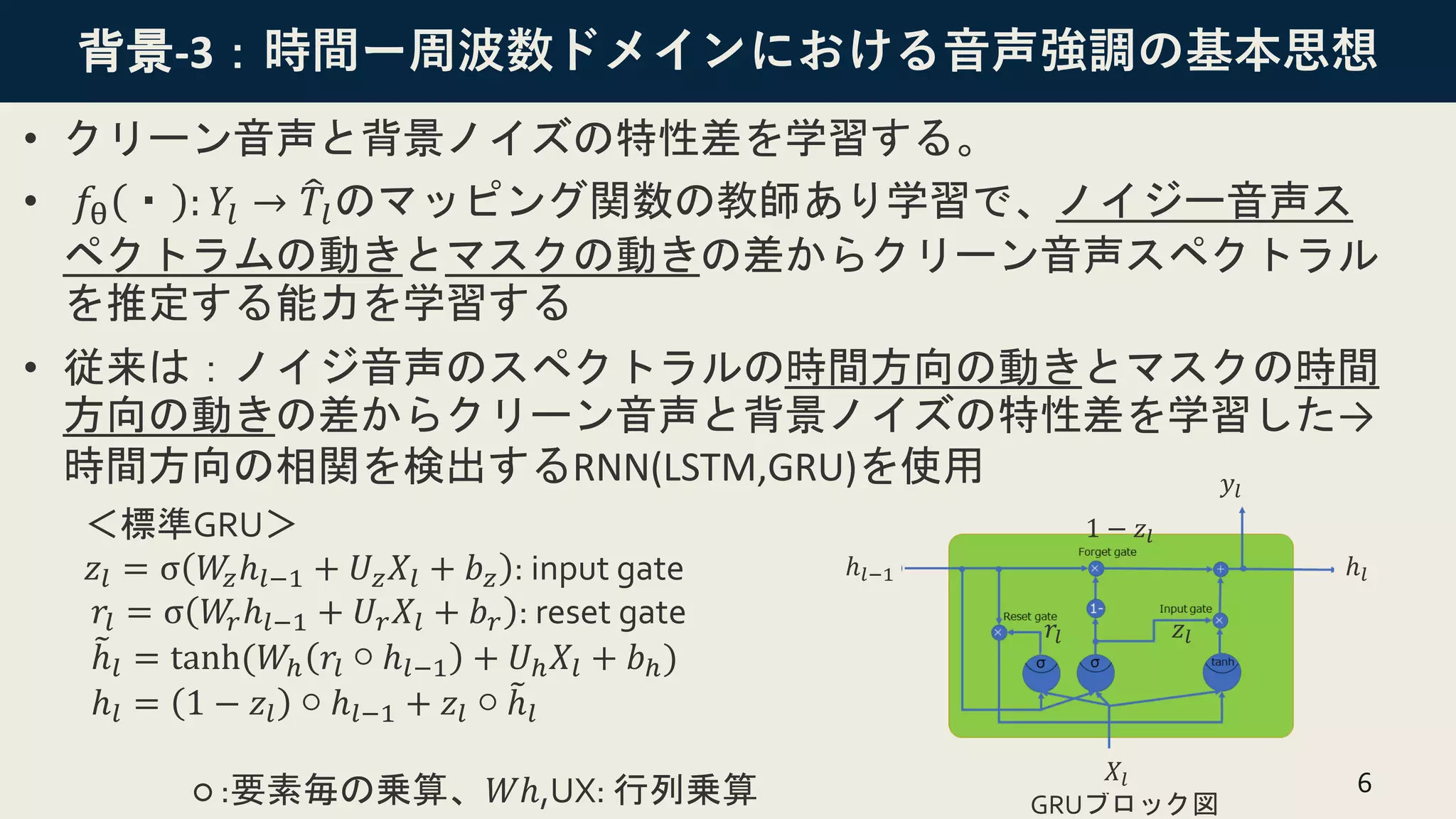 背景-3：時間ー周波数ドメインにおける音声強調の基本思想
• クリーン音声と背景ノイズの特性差を学習する。
• 𝑓θ ・ : 𝑌𝑙 → ෠
𝑇𝑙のマッピング関数の教師あり学習で、ノイジー音声ス
ペクトラムの動きとマスクの動きの差からクリーン音声スペクトラル
を推定する能力を学習する
• 従来は：ノイジ音声のスペクトラルの時間方向の動きとマスクの時間
方向の動きの差からクリーン音声と背景ノイズの特性差を学習した→
時間方向の相関を検出するRNN(LSTM,GRU)を使用
6
＜標準GRU＞
𝑧𝑙 = σ 𝑊
𝑧ℎ𝑙−1 + 𝑈𝑧𝑋𝑙 + 𝑏𝑧 : input gate
𝑟𝑙 = σ 𝑊
𝑟ℎ𝑙−1 + 𝑈𝑟𝑋𝑙 + 𝑏𝑟 : reset gate
෨
ℎ𝑙 = tanh(𝑊ℎ 𝑟𝑙 ○ ℎ𝑙−1 + 𝑈ℎ𝑋𝑙 + 𝑏ℎ)
ℎ𝑙 = 1 − 𝑧𝑙 ○ ℎ𝑙−1 + 𝑧𝑙 ○ ෨
ℎ𝑙
○ :要素毎の乗算、𝑊ℎ,UX: 行列乗算 GRUブロック図
𝑧𝑙
1 − 𝑧𝑙
𝑟𝑙
ℎ𝑙
ℎ𝑙−1
𝑦𝑙
𝑋𝑙
 