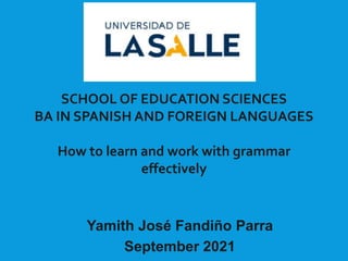Yamith José Fandiño Parra
September 2021
SCHOOL OF EDUCATION SCIENCES
BA IN SPANISH AND FOREIGN LANGUAGES
How to learn and work with grammar
effectively
 