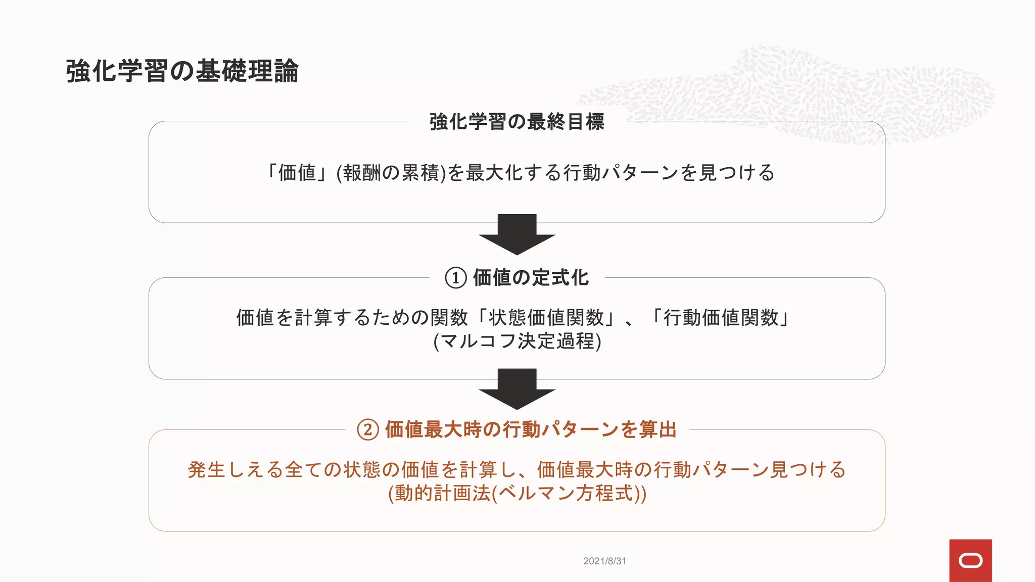 強化学習の基礎理論
2021/8/31
「価値」(報酬の累積)を最大化する行動パターンを見つける
強化学習の最終目標
価値を計算するための関数「状態価値関数」、「行動価値関数」
(マルコフ決定過程)
① 価値の定式化
発生しえる全ての状態の価値を計算し、価値最大時の行動パターン見つける
(動的計画法(ベルマン方程式))
② 価値最大時の行動パターンを算出
 