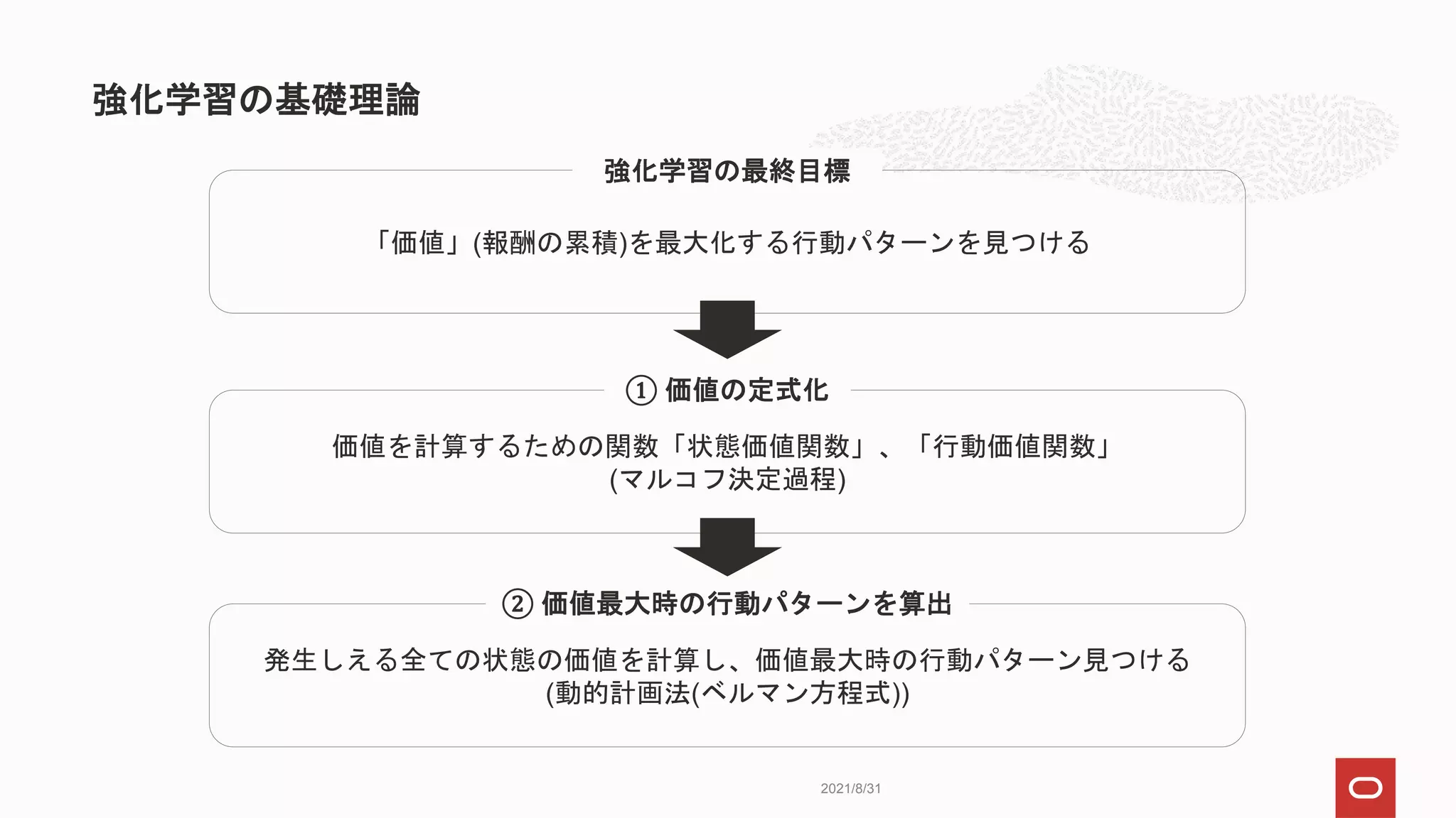 強化学習の基礎理論
2021/8/31
「価値」(報酬の累積)を最大化する行動パターンを見つける
強化学習の最終目標
価値を計算するための関数「状態価値関数」、「行動価値関数」
(マルコフ決定過程)
① 価値の定式化
発生しえる全ての状態の価値を計算し、価値最大時の行動パターン見つける
(動的計画法(ベルマン方程式))
② 価値最大時の行動パターンを算出
 
