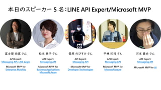 本日のスピーカー 5 名：LINE API Expert/Microsoft MVP
富士榮 尚寛 さん
API Expert:
Messaging API, LINE Login
Microsoft MVP for
Enterprise Mobility
松本 典子 さん
API Expert:
Messaging API
Microsoft MVP for
Business Applications
Microsoft Azure
菅原 のびすけ さん
API Expert:
Messaging API
Microsoft MVP for
Developer Technologies
平林 拓将 さん
API Expert:
Messaging API
Microsoft MVP for
Microsoft Azure
河本 貴史 さん
API Expert:
Messaging API
Microsoft MVP for AI
 
