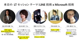 本日の LT セッション テーマ：LINE 技術 x Microsoft 技術
富士榮 尚寛 さん
--------------------------------------
「LINE Login x
Azure Active Directory
で実現する
使い道に困るID基盤」
松本 典子 さん
--------------------------------------
「コードが書けない人も
諦めないで！ノーコードで
LINEチャットボットが
デキる方法をご紹介」
➡ Azure Logic Apps x
LINE チャットボット
菅原 のびすけ さん
--------------------------------------
「紙で申請を出す
居酒屋店員の
シフト希望と管理業務を
ちょっとスマートにする」
➡ Azure x LINE Bot
平林 拓将 さん
--------------------------------------
「Azure × LINE で
クラウドを楽しもう」
河本 貴史 さん
--------------------------------------
「あなたのアプリを
もっとスマートに！
Azure AIできり拓く
新しいアプリ開発の
可能性」
 