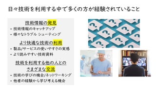 日々技術を利用する中で多くの方が経験されていること
技術情報の発見
• 技術情報のキャッチアップ
• 様々なトラブル シューティング
より快適な技術の利用
• 製品/サービスの使いやすさの実感
• より読みやすい技術資料
技術を利用する他の人との
さまざまな交流
• 技術の学びの機会/ネットワーキング
• 他者の経験から学び考える機会
 