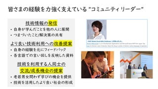 皆さまの経験を力強く支えている “コミュニティ リーダー”
技術情報の発信
• 自身が学んだことを他の人に展開
• つまづいたこと/解決策の共有
より良い技術利用への改善提案
• 自身の経験を元にフィードバック
• 各言語での言い回しを反映した資料
技術を利用する人同士の
交流/成長機会の提案
• 老若男女問わず学びの機会を提供
• 技術を活用したより良い社会の形成
 