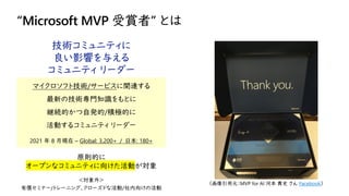 “Microsoft MVP 受賞者” とは
技術コミュニティに
良い影響を与える
コミュニティ リーダー
マイクロソフト技術/サービスに関連する
最新の技術専門知識をもとに
継続的かつ自発的/積極的に
活動するコミュニティ リーダー
2021 年 8 月現在 – Global: 3,200+ / 日本: 180+
原則的に
オープンなコミュニティに向けた活動が対象
＜対象外＞
有償セミナー/トレーニング、クローズドな活動/社内向けの活動
（画像引用元：MVP for AI 河本 貴史 さん Facebook）
 