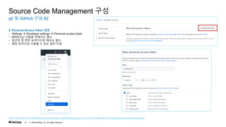 ? 2020 NetApp, Inc. All rights reserved.
10
git ? GitHub ?? #2
Source Code Management ??
4. Personal Access Token ??
- Settings  Developer settings  Personal access token
- API? CLI ??? ???? ??
- ??? ? ?? ????? ??? ??
- ?? ???? ??? ? ?? ?? ??
https://docs.github.com/en/github/authenticating-to-github/keeping-your-account-and-data-secure/creating-a-personal-access-token
 