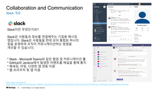 ? 2020 NetApp, Inc. All rights reserved.
27
Slack ??
Collaboration and Communication
Slack?? ??????
Slack? ???? ??? ????? ??? ???
????. Slack? ???? ?? ?? ??? ???
?? ???? ??? ???????? ???
??? ? ????.
https://slack.com/intl/ko-kr/
https://slack.com/intl/ko-kr/help/articles/115004071768-Slack%EC%9D%B4%EB%9E%80-%EB%AC%B4%EC%97%87%EC%9D%B8%EA%B0%80%EC%9A%94-
* Slack - Microsoft Teams? ?? ?? ? ?????? ?
* GitHub? Jenkins?? ??? ???? ??? ?? ??
* ???, ??, ??? ? ?? ??
* ? ???? ? ? ??
 