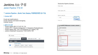 ? 2020 NetApp, Inc. All rights reserved.
39
Jenkin Pipeline ?? #1
Jenkins /CD ??
** Jenkins Pipeline C Build, Test, Deploy ???? ?? CD ??
1. Docker ??
$ sudo apt install docker.io
$ sudo usermod -aG docker seungyong
$ docker version
2. ???? ??
- Docker pipeline ???? ?? ? ??
- Jenkins ??  System Configuration  Declarative Pipeline(Docker)
- Docker registry URL: ?? ?? DockerHub ?? registry ??
- Jenkins Credential? DockerHub ??? ID/PW ??
 