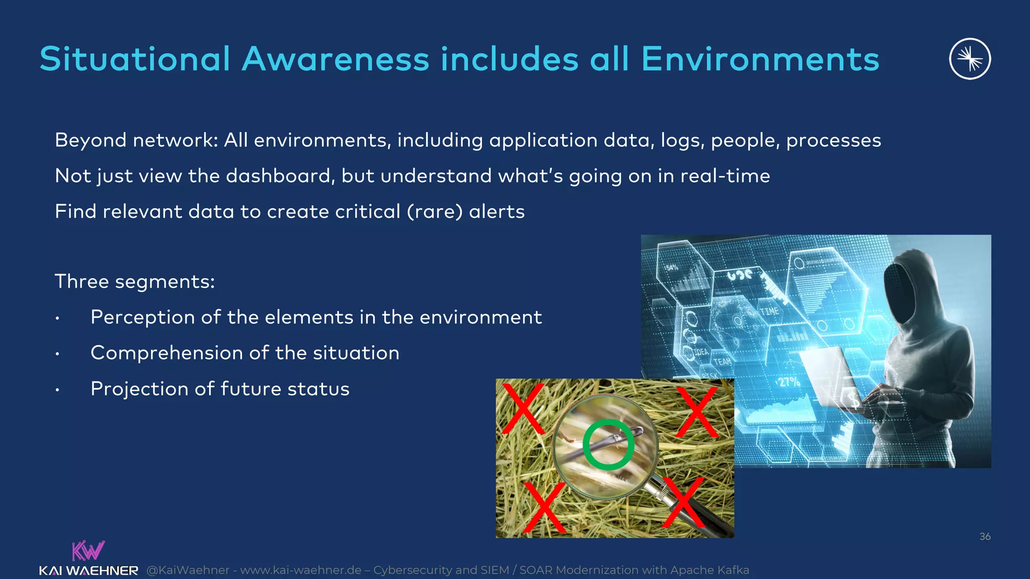 @KaiWaehner - www.kai-waehner.de – Cybersecurity and SIEM / SOAR Modernization with Apache Kafka
Situational Awareness includes all Environments
36
Beyond network: All environments, including application data, logs, people, processes
Not just view the dashboard, but understand what’s going on in real-time
Find relevant data to create critical (rare) alerts
Three segments:
• Perception of the elements in the environment
• Comprehension of the situation
• Projection of future status
X
X X
O X
 