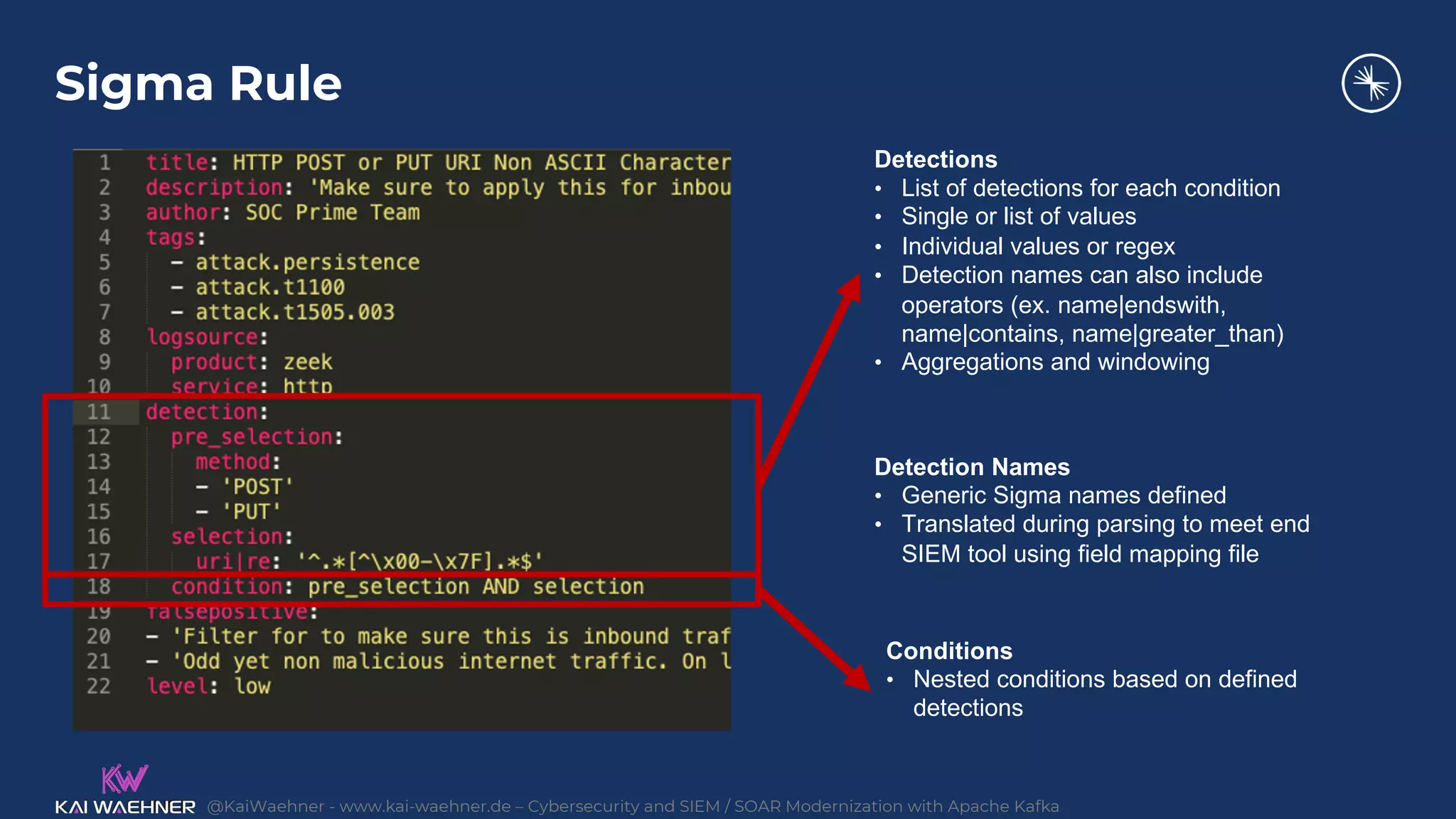 @KaiWaehner - www.kai-waehner.de – Cybersecurity and SIEM / SOAR Modernization with Apache Kafka
Sigma Rule
Detections
• List of detections for each condition
• Single or list of values
• Individual values or regex
• Detection names can also include
operators (ex. name|endswith,
name|contains, name|greater_than)
• Aggregations and windowing
Conditions
• Nested conditions based on defined
detections
Detection Names
• Generic Sigma names defined
• Translated during parsing to meet end
SIEM tool using field mapping file
 