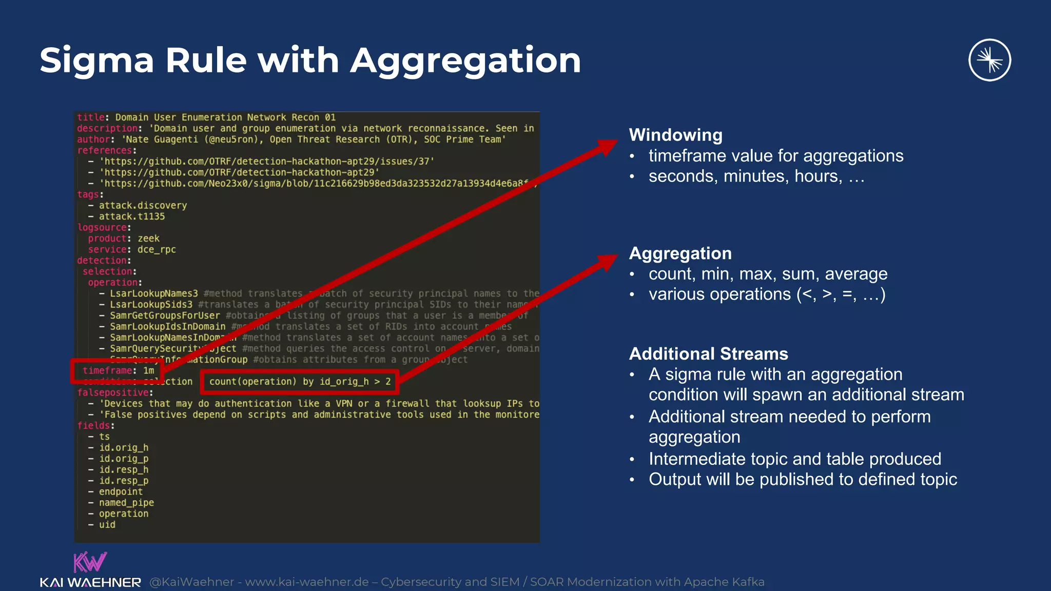 @KaiWaehner - www.kai-waehner.de – Cybersecurity and SIEM / SOAR Modernization with Apache Kafka
Sigma Rule with Aggregation
Windowing
• timeframe value for aggregations
• seconds, minutes, hours, …
Aggregation
• count, min, max, sum, average
• various operations (<, >, =, …)
Additional Streams
• A sigma rule with an aggregation
condition will spawn an additional stream
• Additional stream needed to perform
aggregation
• Intermediate topic and table produced
• Output will be published to defined topic
 