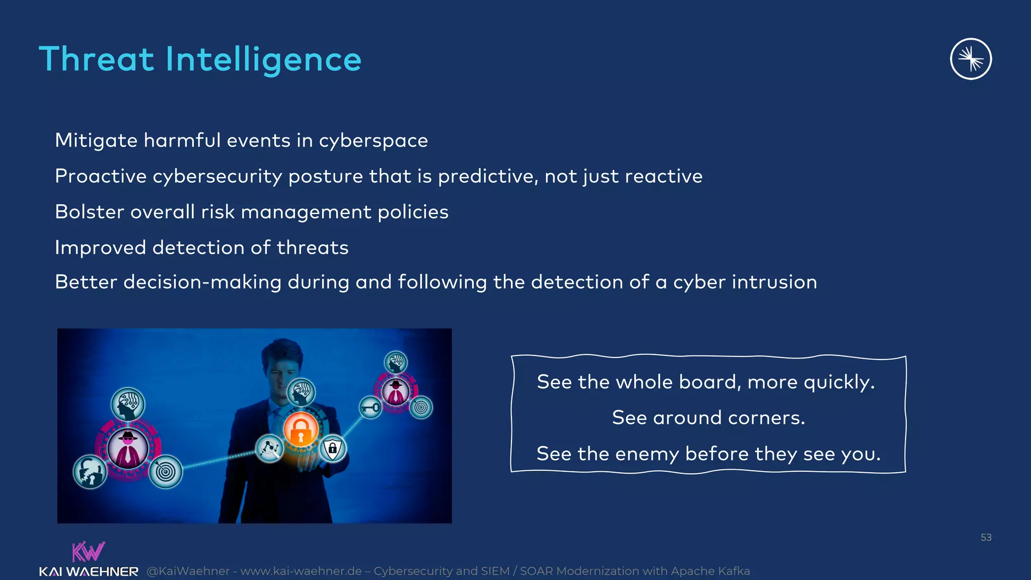 @KaiWaehner - www.kai-waehner.de – Cybersecurity and SIEM / SOAR Modernization with Apache Kafka
Threat Intelligence
53
Mitigate harmful events in cyberspace
Proactive cybersecurity posture that is predictive, not just reactive
Bolster overall risk management policies
Improved detection of threats
Better decision-making during and following the detection of a cyber intrusion
See the whole board, more quickly.
See around corners.
See the enemy before they see you.
 
