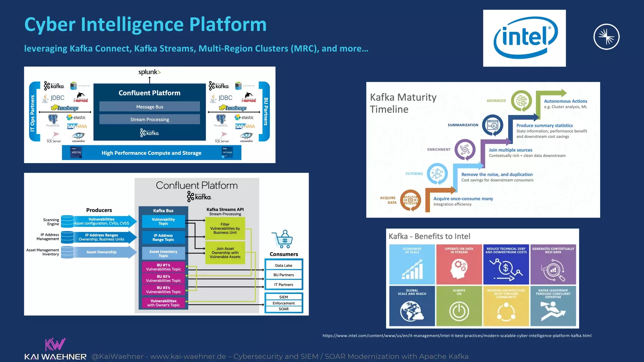 @KaiWaehner - www.kai-waehner.de – Cybersecurity and SIEM / SOAR Modernization with Apache Kafka
Cyber Intelligence Platform
leveraging Kafka Connect, Kafka Streams, Multi-Region Clusters (MRC), and more…
https://www.intel.com/content/www/us/en/it-management/intel-it-best-practices/modern-scalable-cyber-intelligence-platform-kafka.html
 