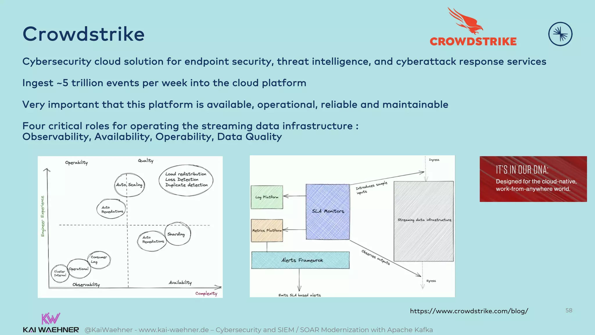 @KaiWaehner - www.kai-waehner.de – Cybersecurity and SIEM / SOAR Modernization with Apache Kafka
Crowdstrike
Cybersecurity cloud solution for endpoint security, threat intelligence, and cyberattack response services
Ingest ~5 trillion events per week into the cloud platform
Very important that this platform is available, operational, reliable and maintainable
Four critical roles for operating the streaming data infrastructure :
Observability, Availability, Operability, Data Quality
58
https://www.crowdstrike.com/blog/
 