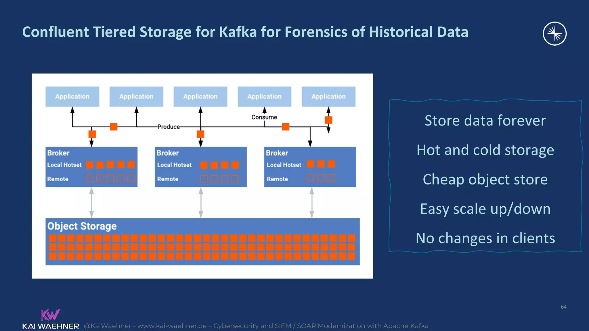 @KaiWaehner - www.kai-waehner.de – Cybersecurity and SIEM / SOAR Modernization with Apache Kafka
Confluent Tiered Storage for Kafka for Forensics of Historical Data
64
(Only available in Confluent Platform)
Store data forever
Hot and cold storage
Cheap object store
Easy scale up/down
No changes in clients
 
