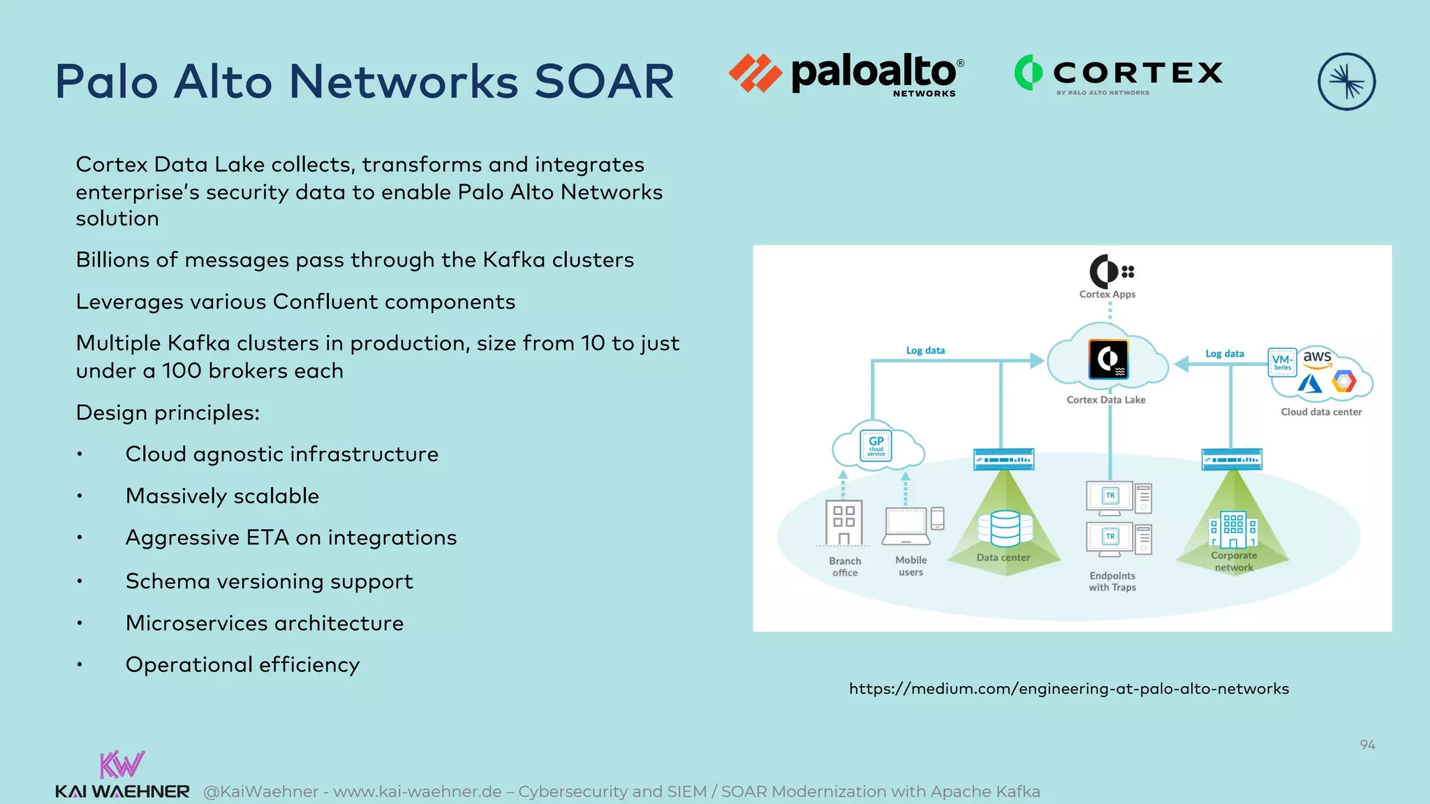 @KaiWaehner - www.kai-waehner.de – Cybersecurity and SIEM / SOAR Modernization with Apache Kafka
Palo Alto Networks SOAR
94
Cortex Data Lake collects, transforms and integrates
enterprise’s security data to enable Palo Alto Networks
solution
Billions of messages pass through the Kafka clusters
Leverages various Confluent components
Multiple Kafka clusters in production, size from 10 to just
under a 100 brokers each
Design principles:
• Cloud agnostic infrastructure
• Massively scalable
• Aggressive ETA on integrations
• Schema versioning support
• Microservices architecture
• Operational efficiency
https://medium.com/engineering-at-palo-alto-networks
 