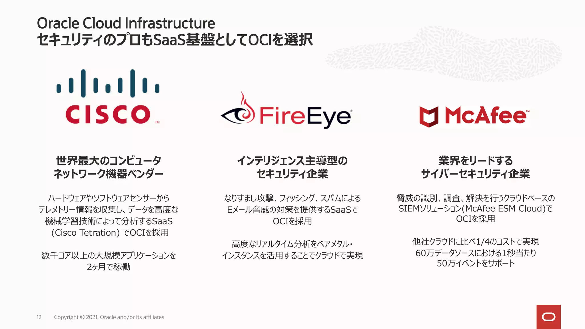 Oracle Cloud Infrastructure
セキュリティのプロもSaaS基盤としてOCIを選択
Copyright © 2021, Oracle and/or its affiliates
12
世界最大のコンピュータ
ネットワーク機器ベンダー
ハードウェアやソフトウェアセンサーから
テレメトリー情報を収集し、データを高度な
機械学習技術によって分析するSaaS
(Cisco Tetration) でOCIを採用
数千コア以上の大規模アプリケーションを
2ヶ月で稼働
インテリジェンス主導型の
セキュリティ企業
なりすまし攻撃、フィッシング、スパムによる
Eメール脅威の対策を提供するSaaSで
OCIを採用
高度なリアルタイム分析をベアメタル・
インスタンスを活用することでクラウドで実現
業界をリードする
サイバーセキュリティ企業
脅威の識別、調査、解決を行うクラウドベースの
SIEMソリューション(McAfee ESM Cloud)で
OCIを採用
他社クラウドに比べ1/4のコストで実現
60万データソースにおける1秒当たり
50万イベントをサポート
 