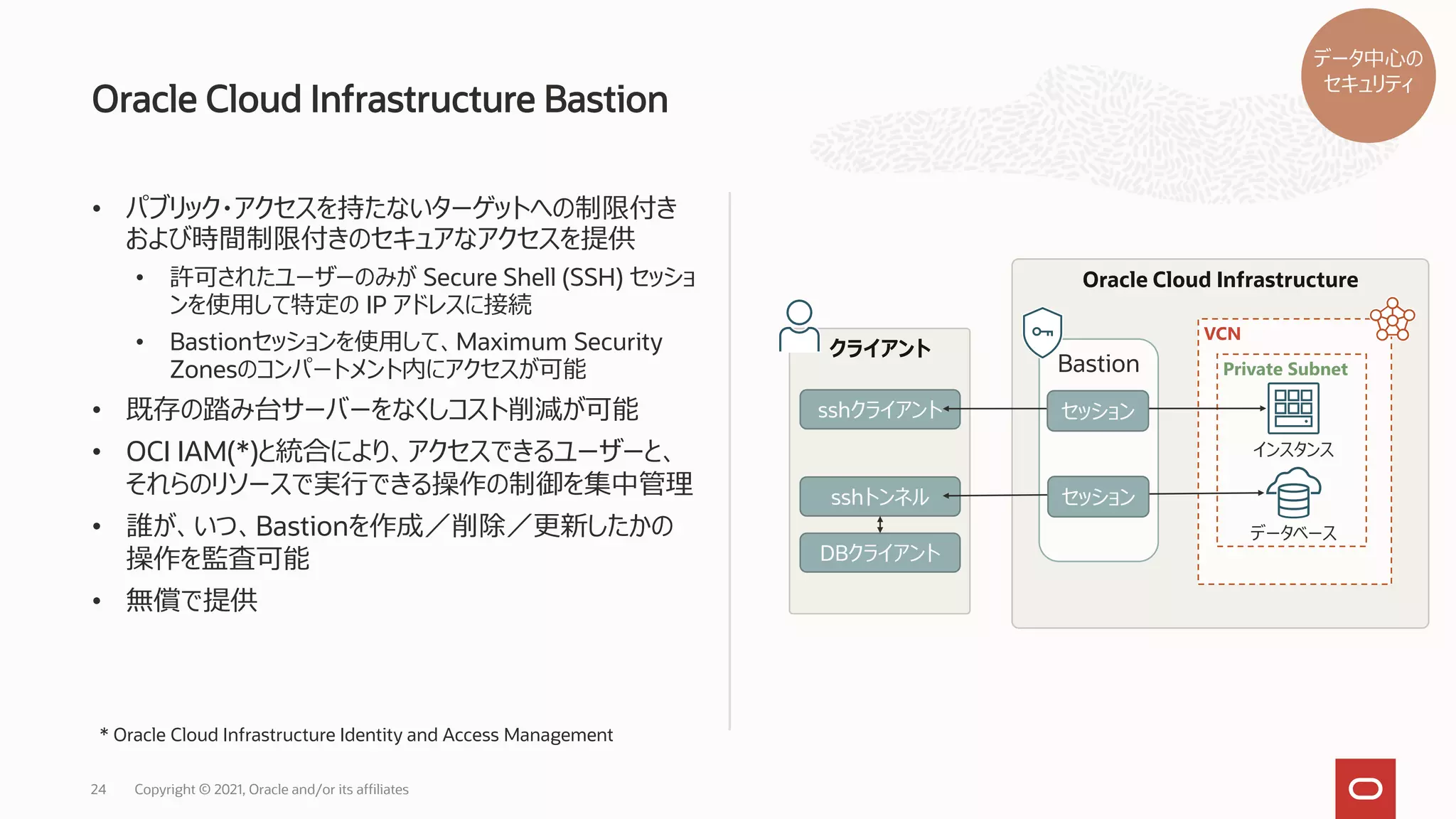 • パブリック・アクセスを持たないターゲットへの制限付き
および時間制限付きのセキュアなアクセスを提供
• 許可されたユーザーのみが Secure Shell (SSH) セッショ
ンを使用して特定の IP アドレスに接続
• Bastionセッションを使用して、Maximum Security
Zonesのコンパートメント内にアクセスが可能
• 既存の踏み台サーバーをなくしコスト削減が可能
• OCI IAM(*)と統合により、アクセスできるユーザーと、
それらのリソースで実行できる操作の制御を集中管理
• 誰が、いつ、Bastionを作成／削除／更新したかの
操作を監査可能
• 無償で提供
Oracle Cloud Infrastructure Bastion
Copyright © 2021, Oracle and/or its affiliates
24
データ中心の
セキュリティ
クライアント
sshクライアント
sshトンネル
DBクライアント
Oracle Cloud Infrastructure
VCN
Bastion Private Subnet
インスタンス
データベース
セッション
セッション
* Oracle Cloud Infrastructure Identity and Access Management
 