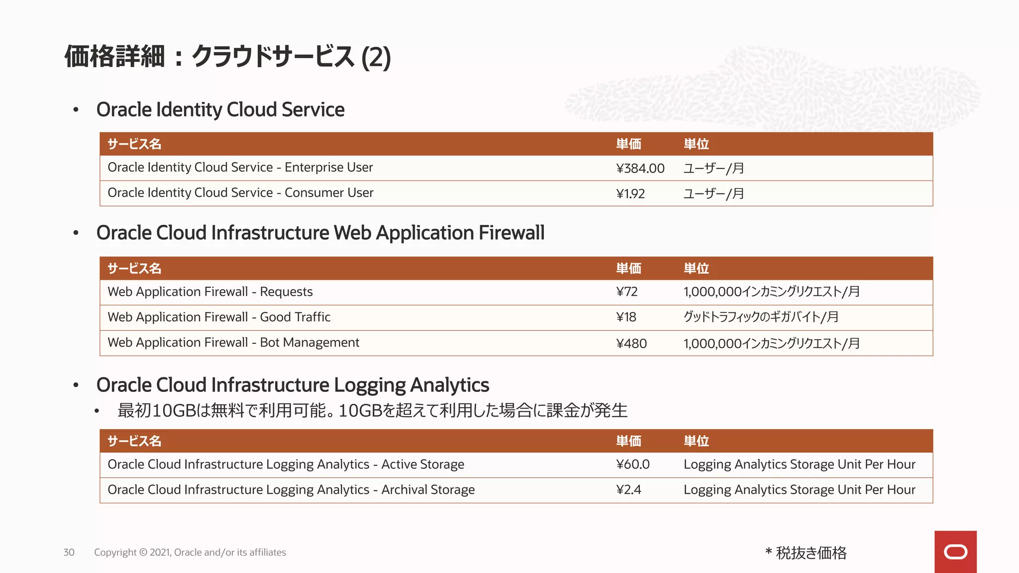 価格詳細：クラウドサービス (2)
30 Copyright © 2021, Oracle and/or its affiliates
• Oracle Identity Cloud Service
• Oracle Cloud Infrastructure Web Application Firewall
* 税抜き価格
サービス名 単価 単位
Oracle Identity Cloud Service - Enterprise User ¥384.00 ユーザー/月
Oracle Identity Cloud Service - Consumer User ¥1.92 ユーザー/月
サービス名 単価 単位
Web Application Firewall - Requests ¥72 1,000,000インカミングリクエスト/月
Web Application Firewall - Good Traffic ¥18 グッドトラフィックのギガバイト/月
Web Application Firewall - Bot Management ¥480 1,000,000インカミングリクエスト/月
• Oracle Cloud Infrastructure Logging Analytics
サービス名 単価 単位
Oracle Cloud Infrastructure Logging Analytics - Active Storage ¥60.0 Logging Analytics Storage Unit Per Hour
Oracle Cloud Infrastructure Logging Analytics - Archival Storage ¥2.4 Logging Analytics Storage Unit Per Hour
• 最初10GBは無料で利用可能。10GBを超えて利用した場合に課金が発生
 