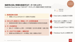 Exadata Cloud Service であればデータセキュリティ機能を無償で利用可能
機密性の高い情報を保護するデータ・セキュリティ
Copyright © 2021, Oracle and/or its affiliates
22
発見的対策
予防的対策
凡
例
1. 監査証跡の記録
✓ 情報システムに対するサイバー攻撃を予兆検知
2. セキュリティ設定ミス、特権ユーザーの利用を監視
✓ 無差別型攻撃で狙われる構成ミスや管理者権限の利用状況を監視
3. データの暗号化
✓ 個人データが漏えいした際、二次的被害（社内外の影響）を最小限に
4. データのアクセス制御 / 権限分掌
✓ 悪意のある攻撃者よりデータの閲覧、改変、破壊などを防ぐ
✓Data Safe による構成・ユーザの
アセスメントと機密データの発見
✓Data Safeによる監査ログの管理
✓Oracle Cloudはデフォルトで暗号化
✓Database Vaultによる権限分掌
データ中心の
セキュリティ
 