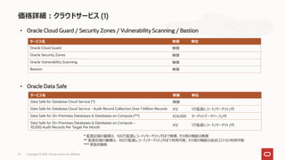 価格詳細：クラウドサービス (1)
29 Copyright © 2021, Oracle and/or its affiliates
* 監査記録の蓄積は、 100万監査レコード/ターゲット/月まで無償、その他の機能は無償
** 監査記録の蓄積は、 100万監査レコード/ターゲット/月まで利用可能、その他の機能は追加コストなく利用可能
*** 税抜き価格
• Oracle Data Safe
サービス名 単価 単位
Data Safe for Database Cloud Service (*) 無償
Data Safe for Database Cloud Service - Audit Record Collection Over 1 Million Records ¥12 1万監査レコード/ターゲット/月
Data Safe for On-Premises Databases & Databases on Compute (**) ¥24,000 ターゲットデータベース/月
Data Safe for On-Premises Databases & Databases on Compute –
10,000 Audit Records Per Target Per Month
¥12 1万監査レコード/ターゲット/月
サービス名 単価 単位
Oracle Cloud Guard 無償
Oracle Security Zones 無償
Oracle Vulnerability Scanning 無償
Bastion 無償
• Oracle Cloud Guard / Security Zones / Vulnerability Scanning / Bastion
 