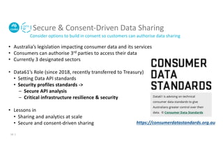 Secure & Consent-Driven Data Sharing
Consider options to build in consent so customers can authorise data sharing
• Australia’s legislation impacting consumer data and its services
• Consumers can authorise 3rd parties to access their data
• Currently 3 designated sectors
• Data61’s Role (since 2018, recently transferred to Treasury)
• Setting Data API standards
• Security profiles standards ->
– Secure API analysis
– Critical infrastructure resilience & security
• Lessons in
• Sharing and analytics at scale
• Secure and consent-driven sharing https://consumerdatastandards.org.au
14 |
 